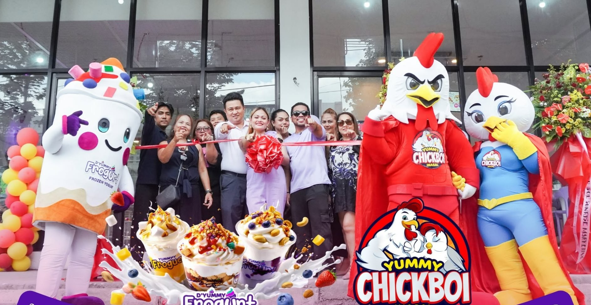 Son and Sol team at a ribbon-cutting event with D'Yummy Frogurt and Yummy Chickboi mascots