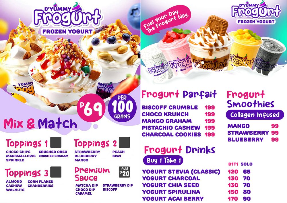View the D'Yummy Frogurt menu
